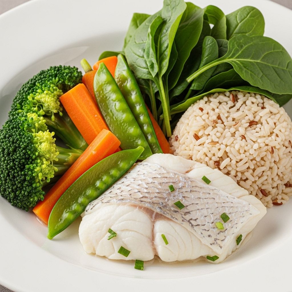 Välbalanserad tallrik med mat: kokt fisk, ångade grönsaker, fullkornsris och färska gröna blad presenterade estetiskt på en vit tallrik