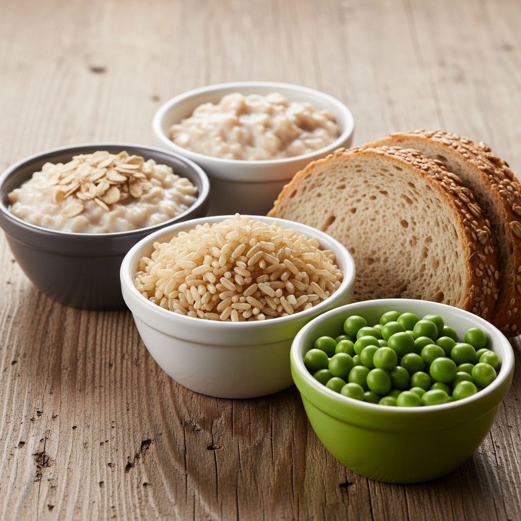 Sammansättning av fullkornsprodukter: brunt ris, havregryn, fullkornsbrödskivor och gröna ärtor i skålar på ett rustikt träunderlag