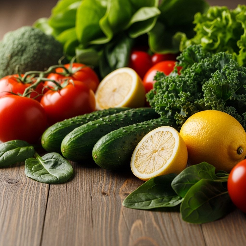 Färska grönsaker och frukter upplagda på ett träbord i ett naturligt ljus: tomater, gurka, gröna blad och citroner